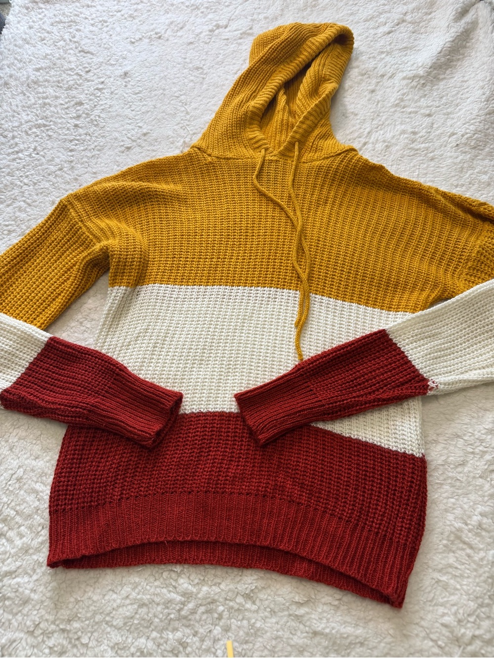 Tri-Color Hooded Knit Sweater - Mustard, Cream & Red